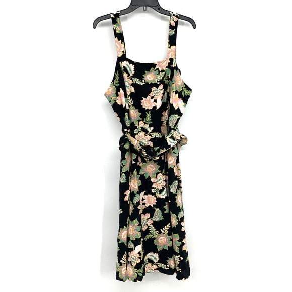 Who What Wear Dress Womens Size XL Linen Blend Black Floral Print Belted Midi - Picture 2 of 12